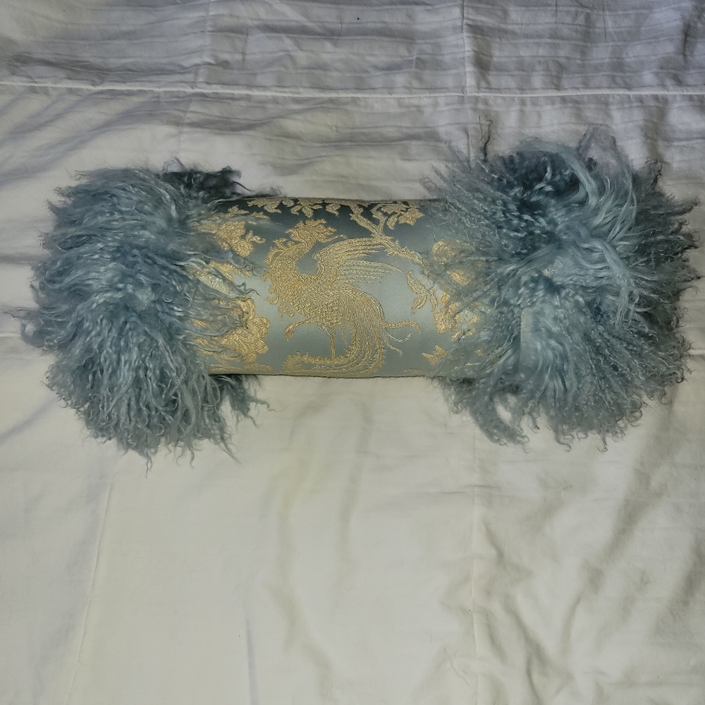 Silk Brocade with Mongolian Lamb Trim Roll Pillow